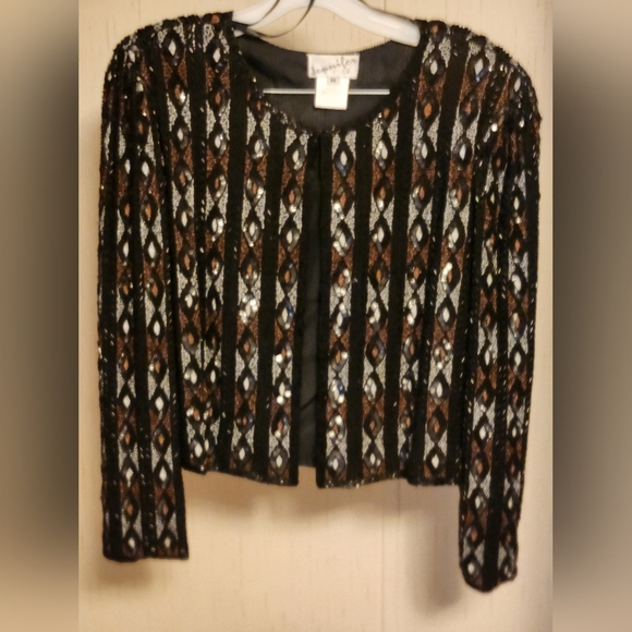 Vintage 1990s beaded jacket. Jennifer lable. Medium.black white and bronze - Picture 3 of 5